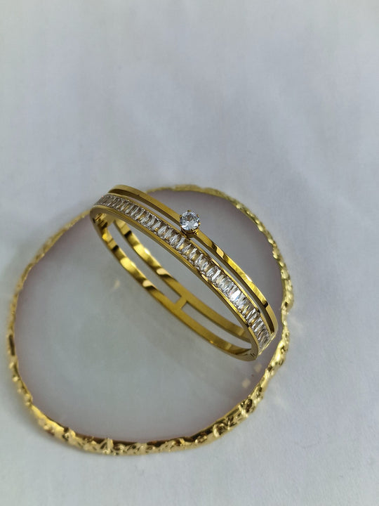 Dubbele Gouden Slavenarmband Solitair & Baguette Zirkonia 18K Verguld