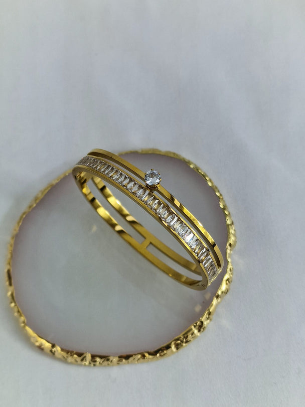 Dubbele Gouden Slavenarmband Solitair & Baguette Zirkonia 18K Verguld