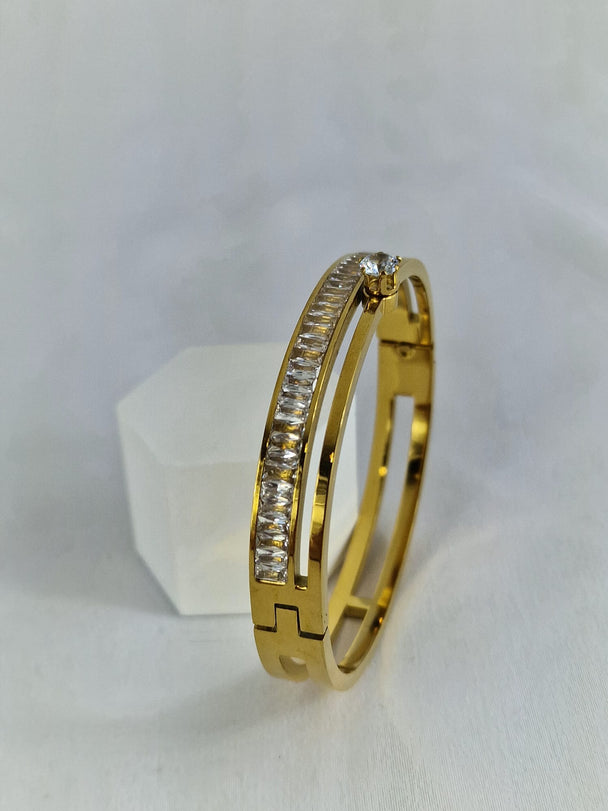 Dubbele Gouden Slavenarmband Solitair & Baguette Zirkonia 18K Verguld