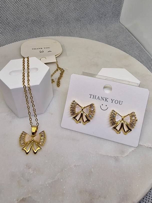 Romantische Strik Set - Collier & Oorknopjes 18K Verguld