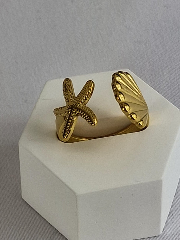 Dames Ring Goud Zeester en Schelp - Verstelbaar Strand Design