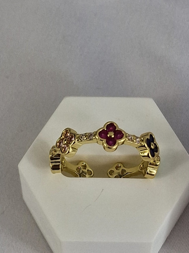 Verstelbare Klaver Ring met Zirkonia - 18K Verguld Goud/Zilver