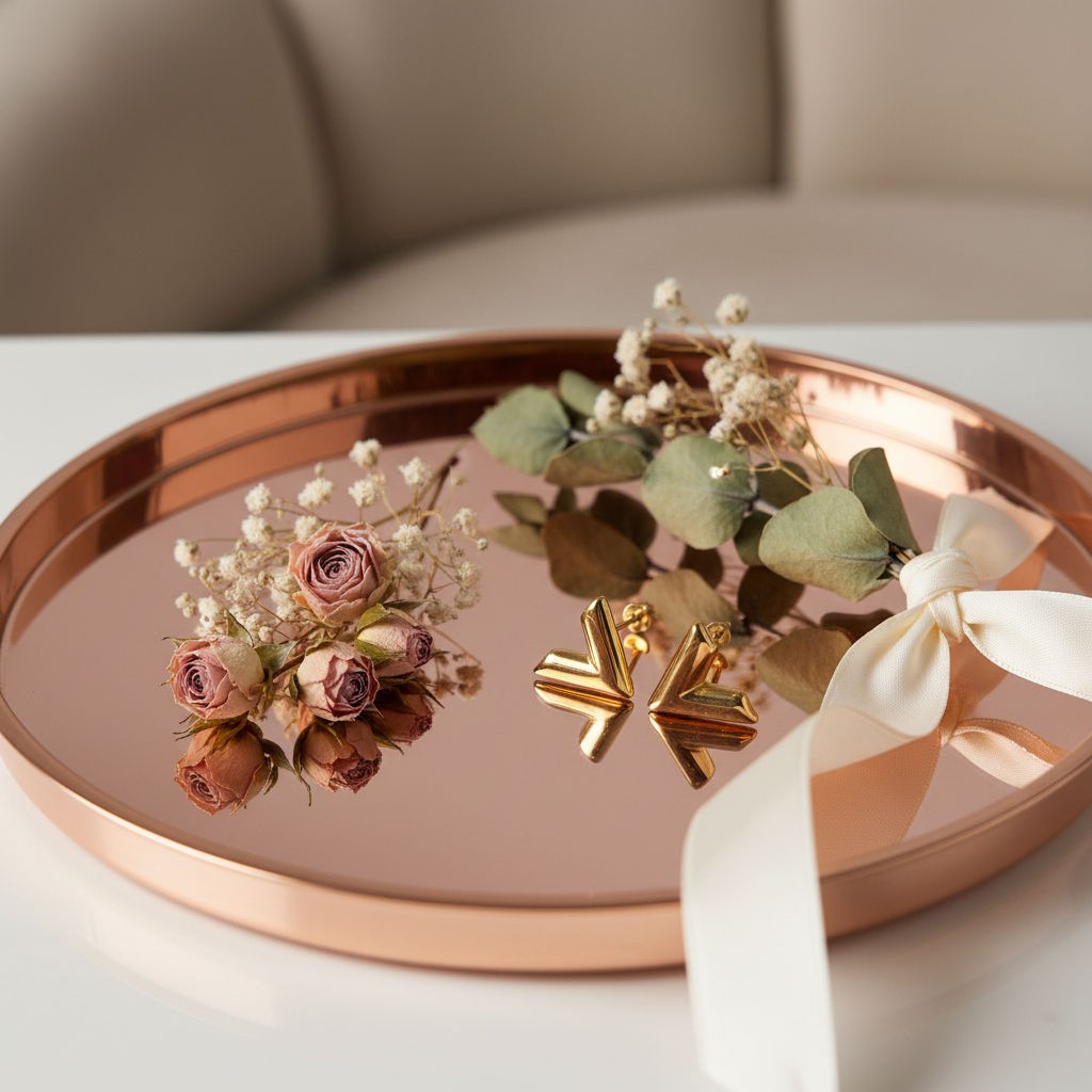 V-vormige oorknopjes op spiegel met bloemen