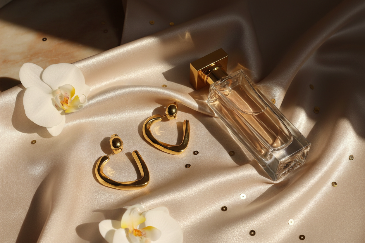 Vierkante gouden creolen met satijn en parfumflacon