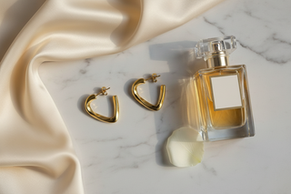 Vierkante gouden creolen op wit marmer met satijn en parfumflacon