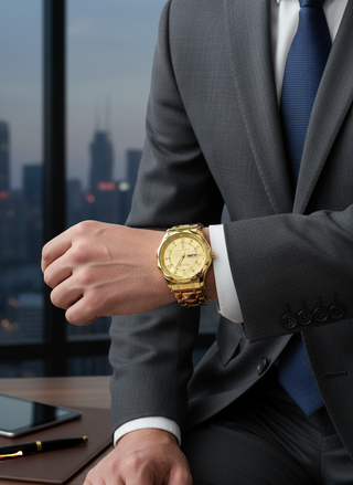 Zakelijke look met gouden horloge