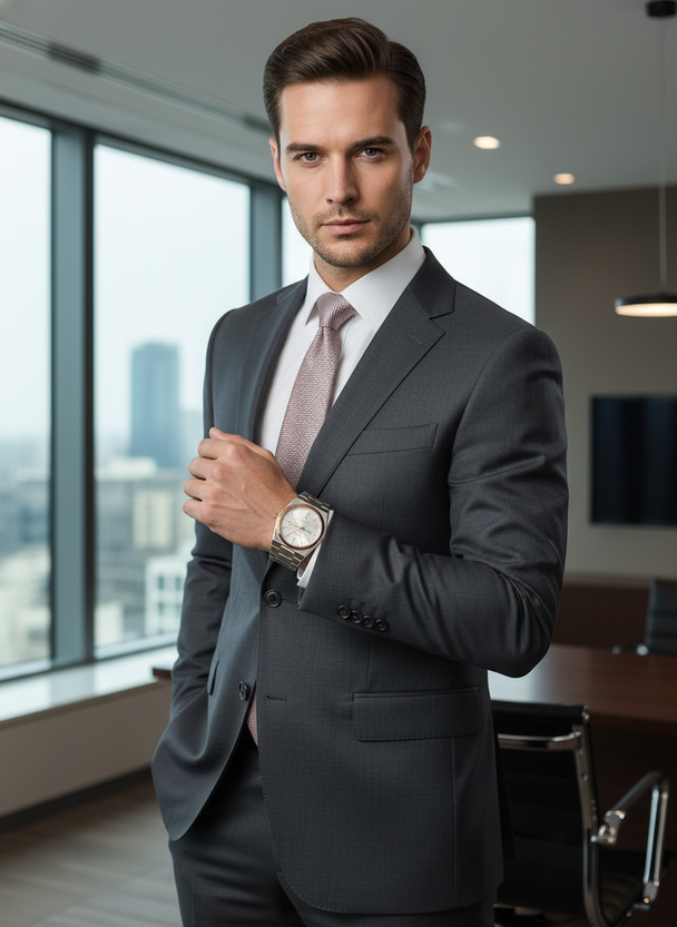 Zakelijke look met zilver-rosé horloge