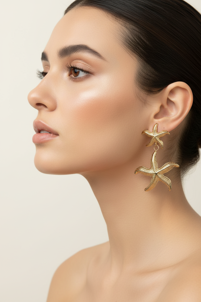 Zeester oorbellen gedragen door model