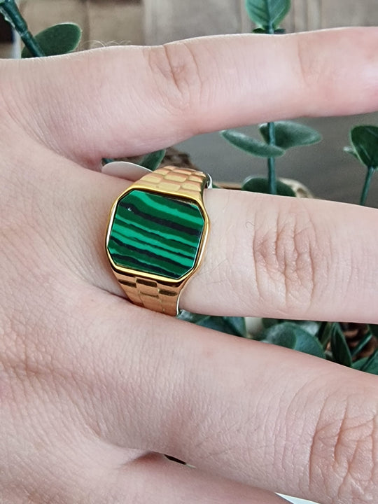 Heren Zegelring met Groene Steen - Roestvrij Staal - Goudkleurig