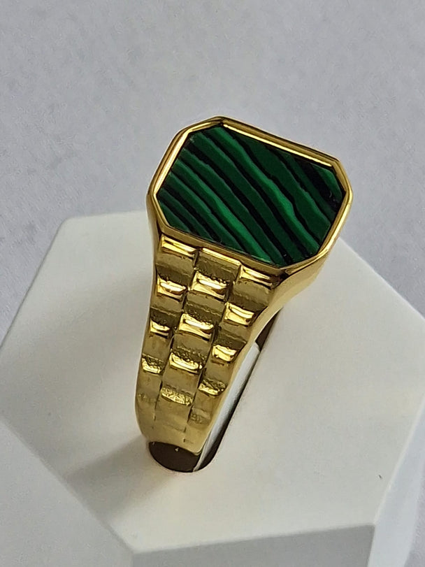 Zegelring Unisex Verguld 14K Waterproof met Groene Steen