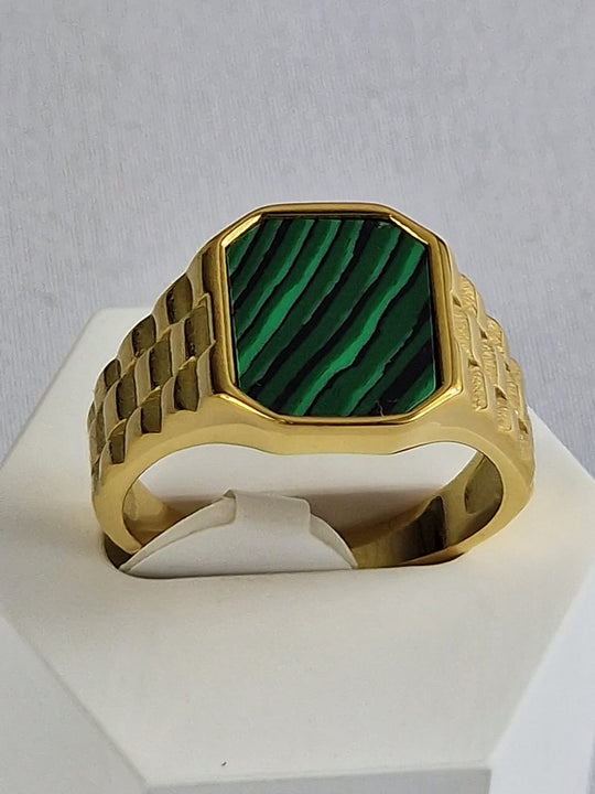 Zegelring Unisex Verguld 14K Waterproof met Groene Steen