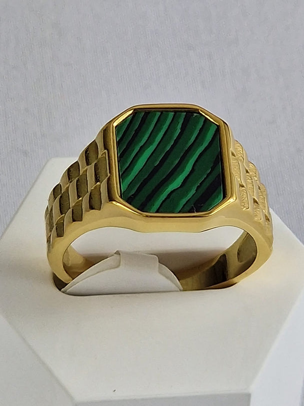 Zegelring Unisex Verguld 14K Waterproof met Groene Steen
