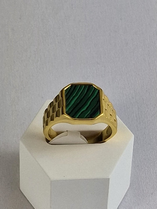 Zegelring Unisex Verguld 14K Waterproof met Groene Steen