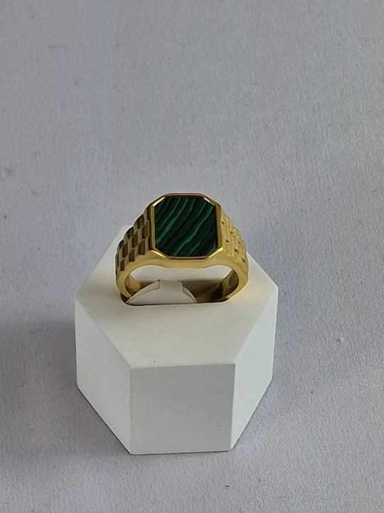 Zegelring Unisex Verguld 14K Waterproof met Groene Steen
