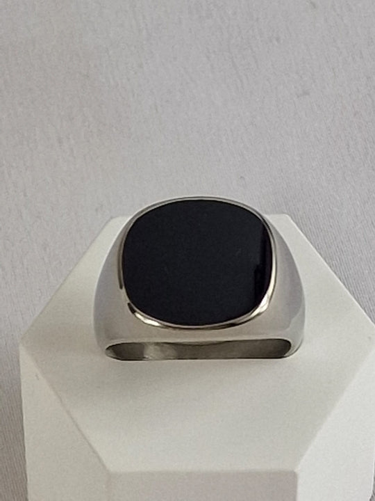 Heren Zegelring met Zwarte Steen - Roestvrij Staal - Glade Afwerking
