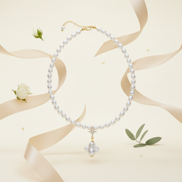 Zoetwaterparel ketting met florale elementen