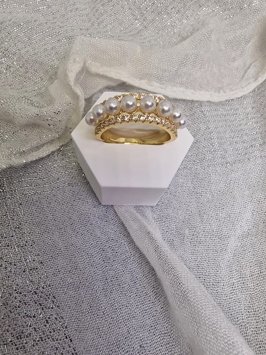 Dubbele Band Ring Parels & Zirkonia Goud
