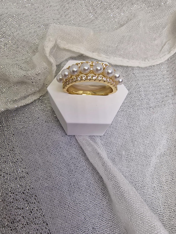 Dubbele Band Ring Parels & Zirkonia Goud