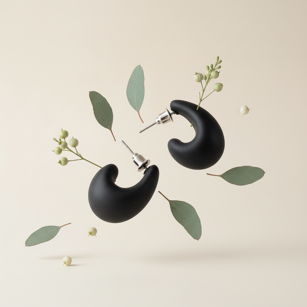 Zwarte creolen met botanische elementen