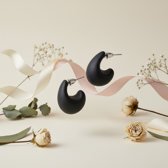 Zwarte creolen met florale elementen