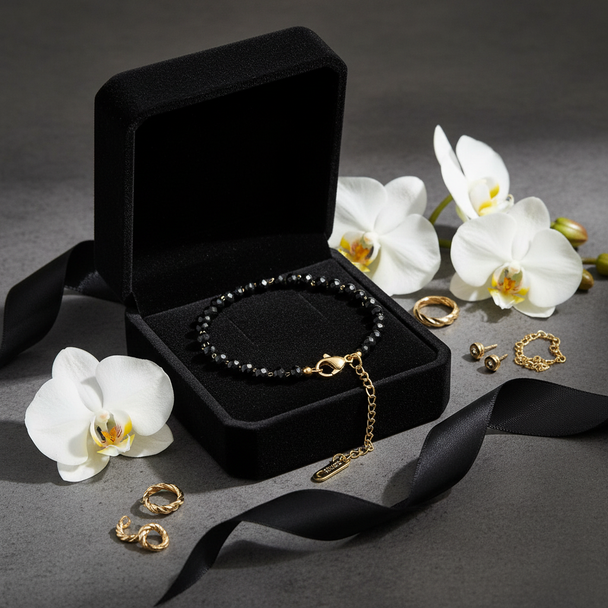 Zwarte kralenarmband in luxe doos met orchideeën