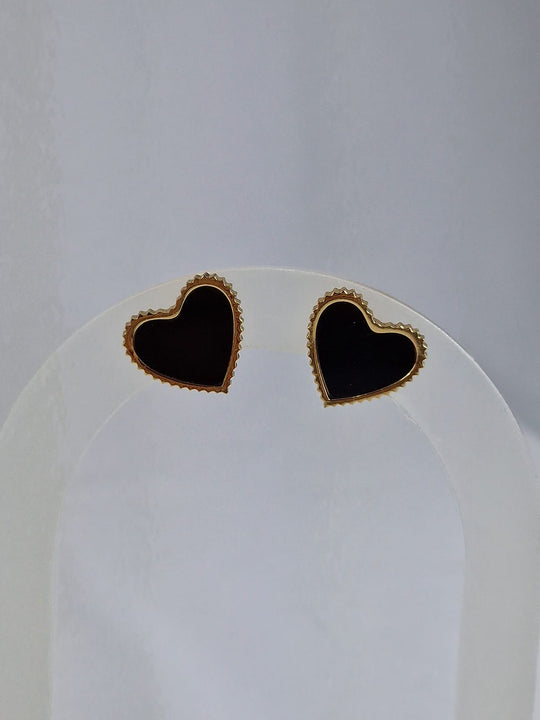 Hartjes Oorknopjes - 14K Verguld Goud met Zwarte Steen
